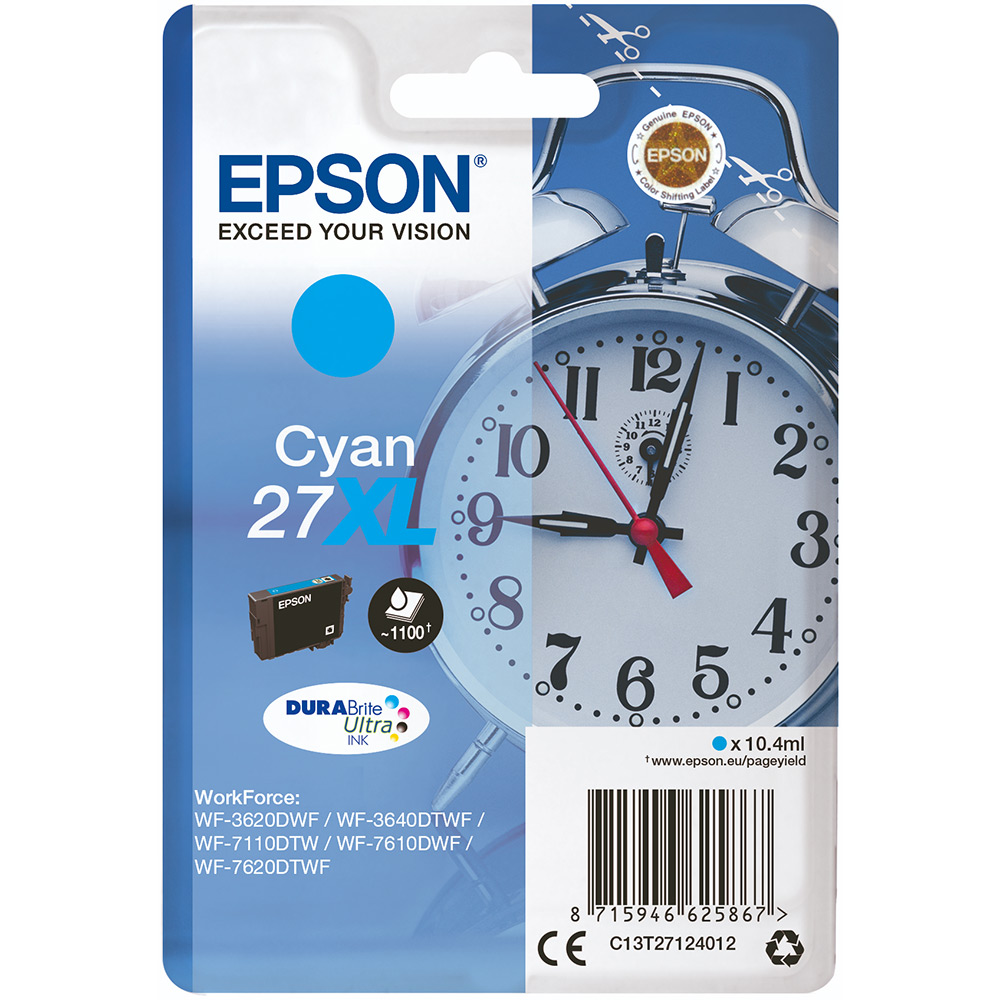 Epson 27 Ink Cartrdiges 10.4ml XL WF-3620DWF Cyan | 1100 pages